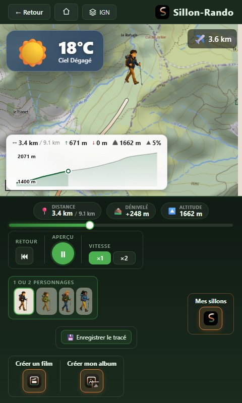L'application Sillonphane-Rando sur Android : météo, profil altimétrique, choix du personnage et boutons Créer un film / Créer mon album